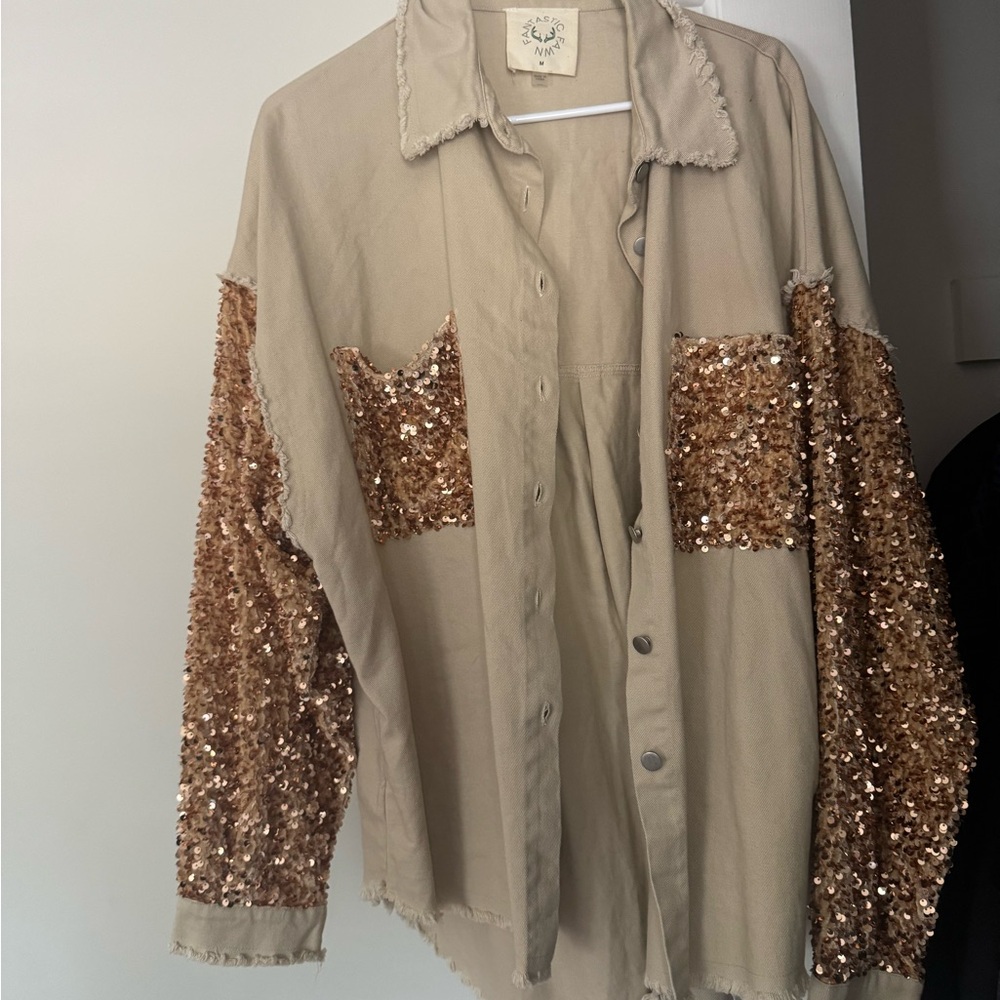 Fantastic Fawn Tan Jacket with Gold Sequin Sleeves